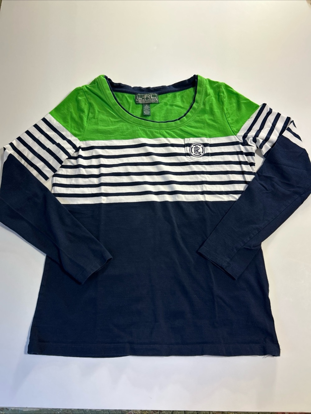 Lauren Active Ralph Lauren Top Shirt Womens‎  Medium Preppy Green Blue Striped